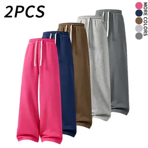 2PCS Men’s two-piece set: solid-color drawstring wide sweatpants; casual athletic sweatpants suitable for autumn/winter; sports-casual bottoms (options available for double pockets and single pocket). Men's flash sale.