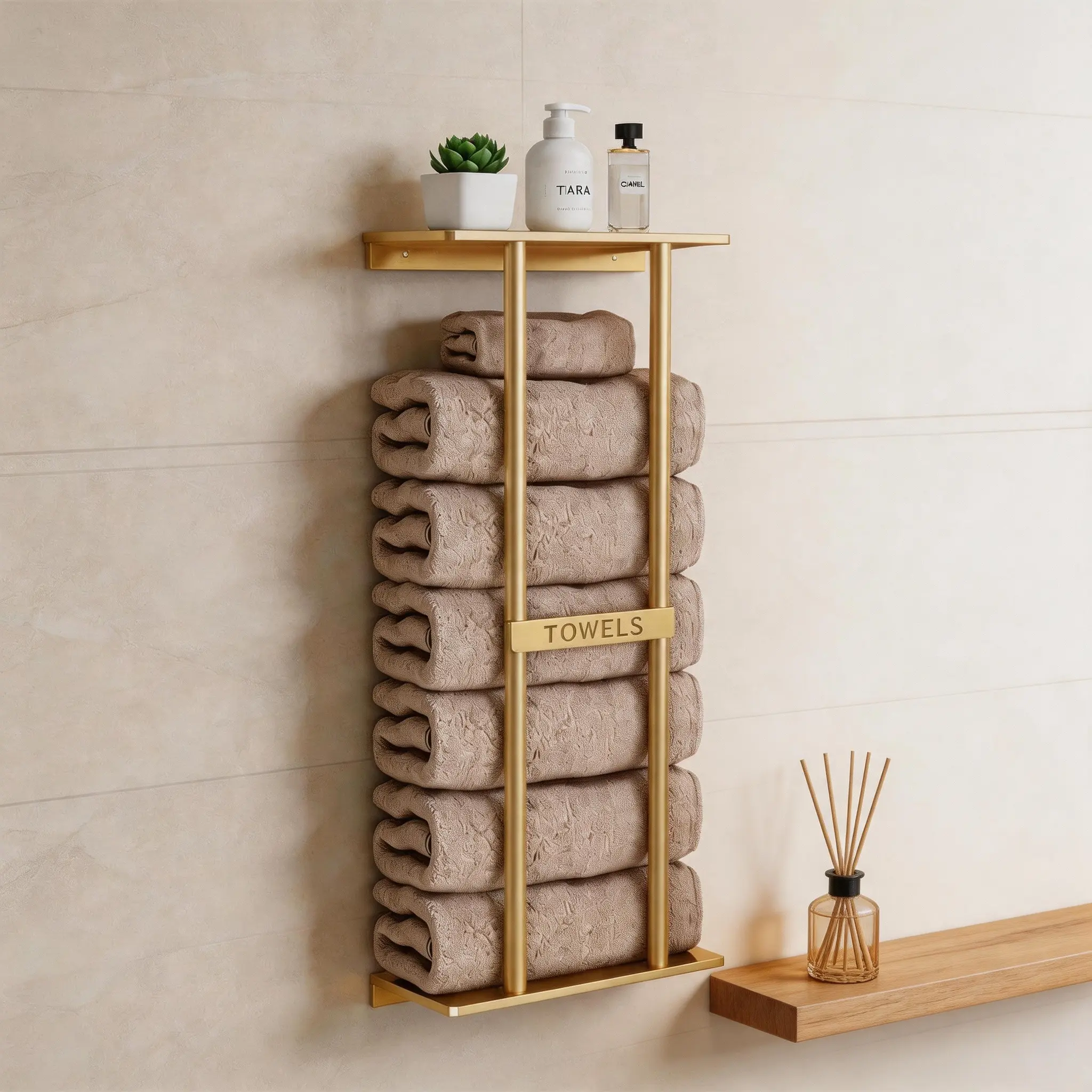 Easy-Install Wall-Mounted Towel Storage Rack — Holds 6 Large Bath Towels, Black Metal Towel Organizer with Mounting Hardware, for Shower and Over-Toilet Use