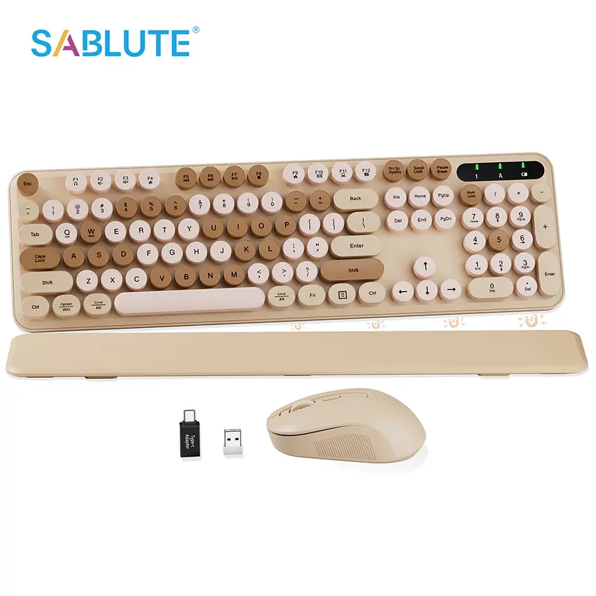 SABLUTE CK23 Vintage Waterproof Desktop Wireless Keyboard & Mouse Combo, Detachable Wrist Rest, Round Keycaps, Tilt Legs, Sleep Mode, USB Receiver (Non-Bluetooth), Waterproof Keyboard, Desktop Keyboard & Mouse Combos