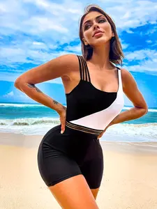 Bikini Two-Tone Asymmetric Neck Mesh Patchwork One-Piece Swimsuit, Stylish and Comfortable Swimwear for Women, Perfect for Beach and Pool