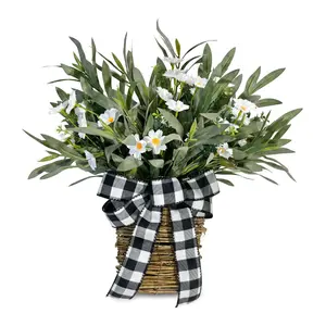 Rustic Woven Hanging Floral Basket | Artificial Daisy Front Door Decor | Farmhouse Buffalo Plaid Bow