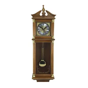 212 MAIN Bedford 34.5 in. Antique Look Wood Wall Clock - Oak Finish, Roman Numerals, Chime Sound, Sleep Mode, Home Decor, Ideal Gift