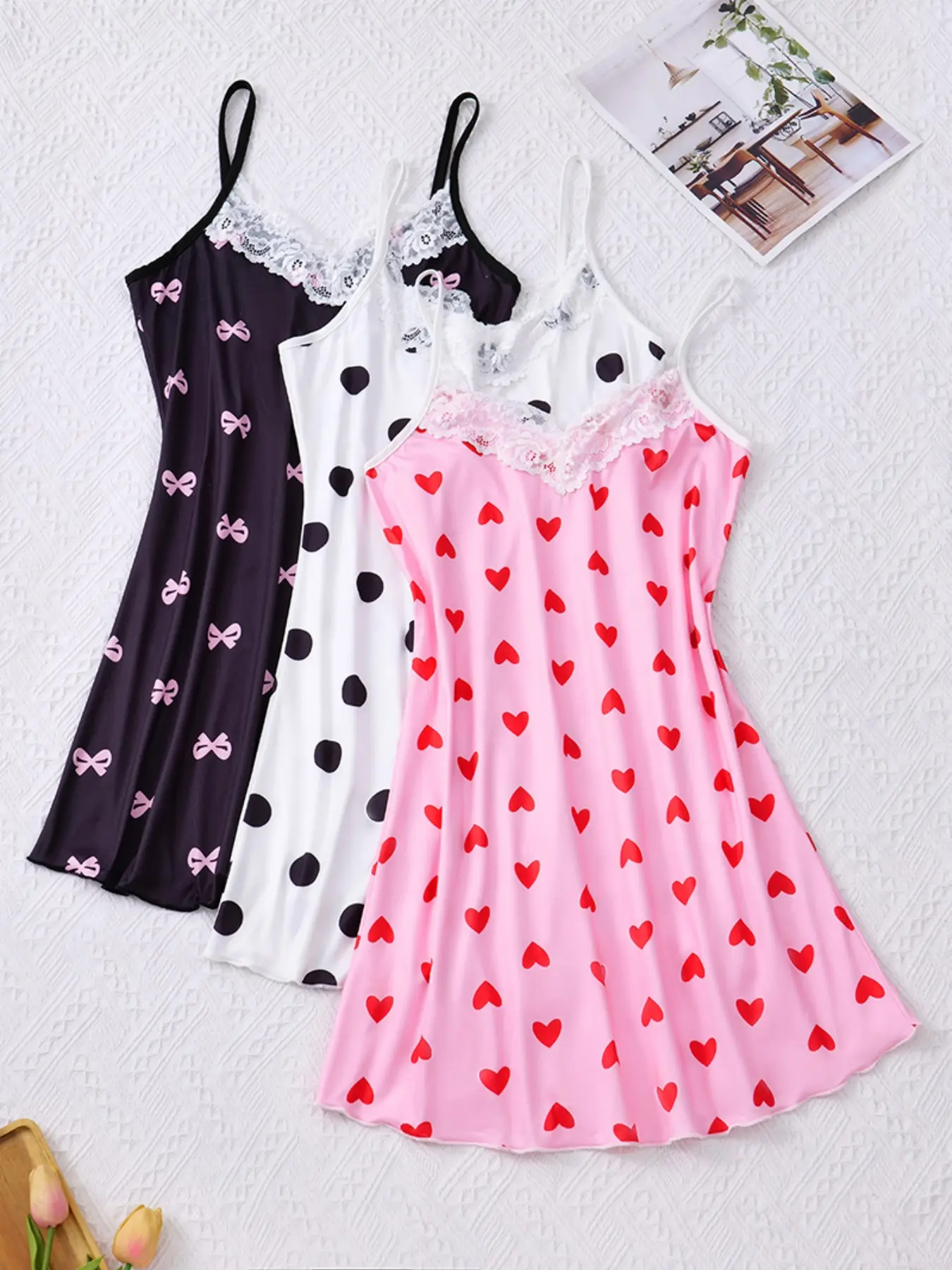 3-Piece Women's Lace Trim Sexy Thin Strap Sleeveless Pajamas Nightie, Comfortable Polyester and Elastic Fiber Blend, Cartoon Print Skirt Set