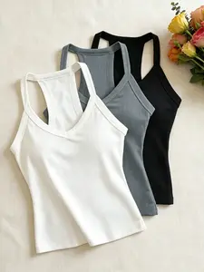 Women's 3-Piece Ribbed Tank Tops, V-Neck Slim Fit Sleeveless Camisoles, Summer Casual Basic Sports Bras, Daily Wear Everyday Essentials, Casual Beach Tank
