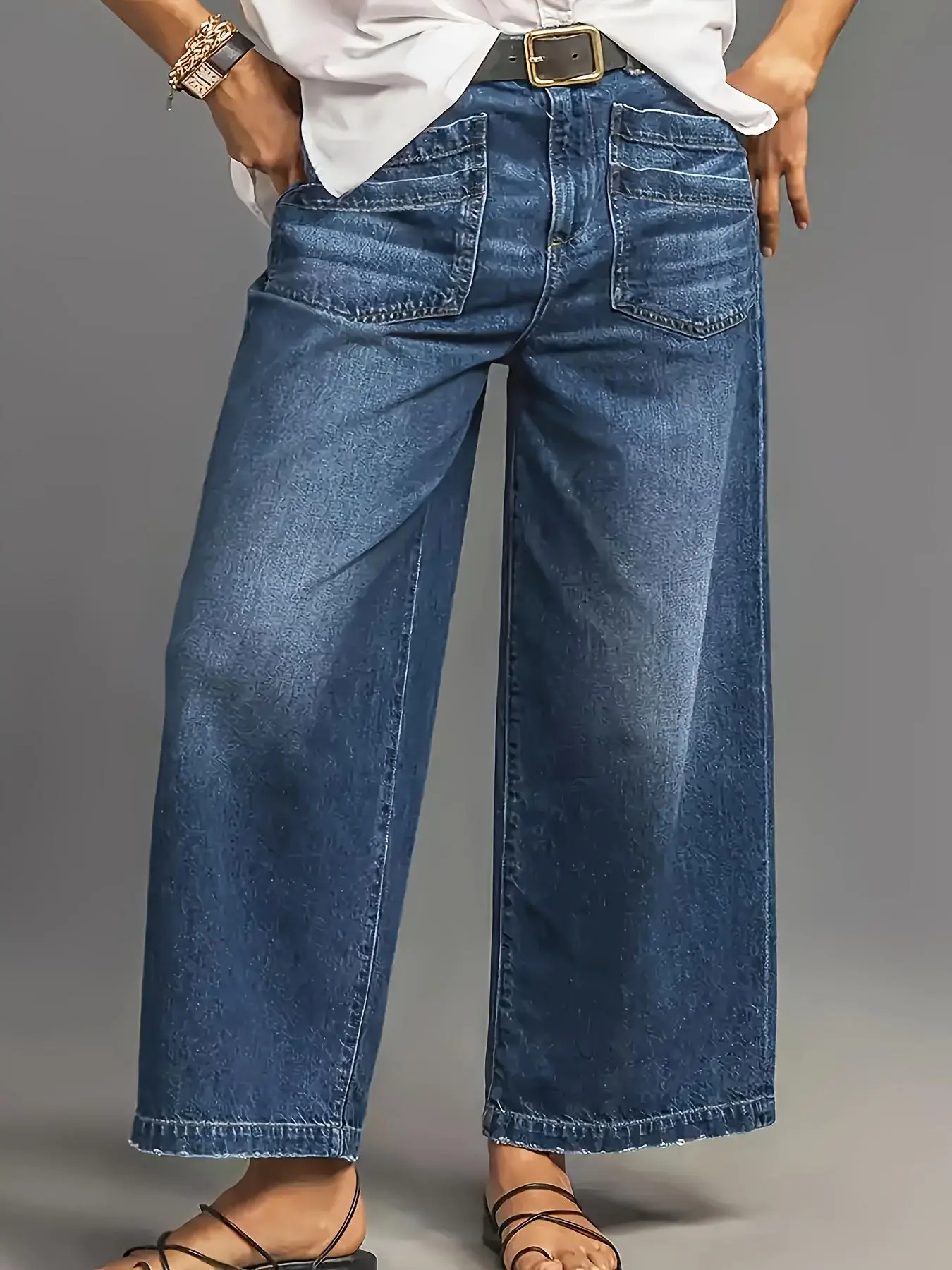 【Plus Size】Solid Color Wide Leg Stretchy Jeans, Casual Comfy Denim Stretchy Jeans for Daily Wear, Women's Bottoms for All Seasons, Womenswear Soft Stretch