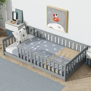 Aobtkel Twin Size Floor Bed with Fence without Door, Twin/Full/Queen Size Bed Floor Bed with Safety Guardrails and Door,Twin/Full Size Montessori Floor Bed for Kids, Solid Wood Bed Frame with Fence, Door & Safety Guardrails, CPC Certified