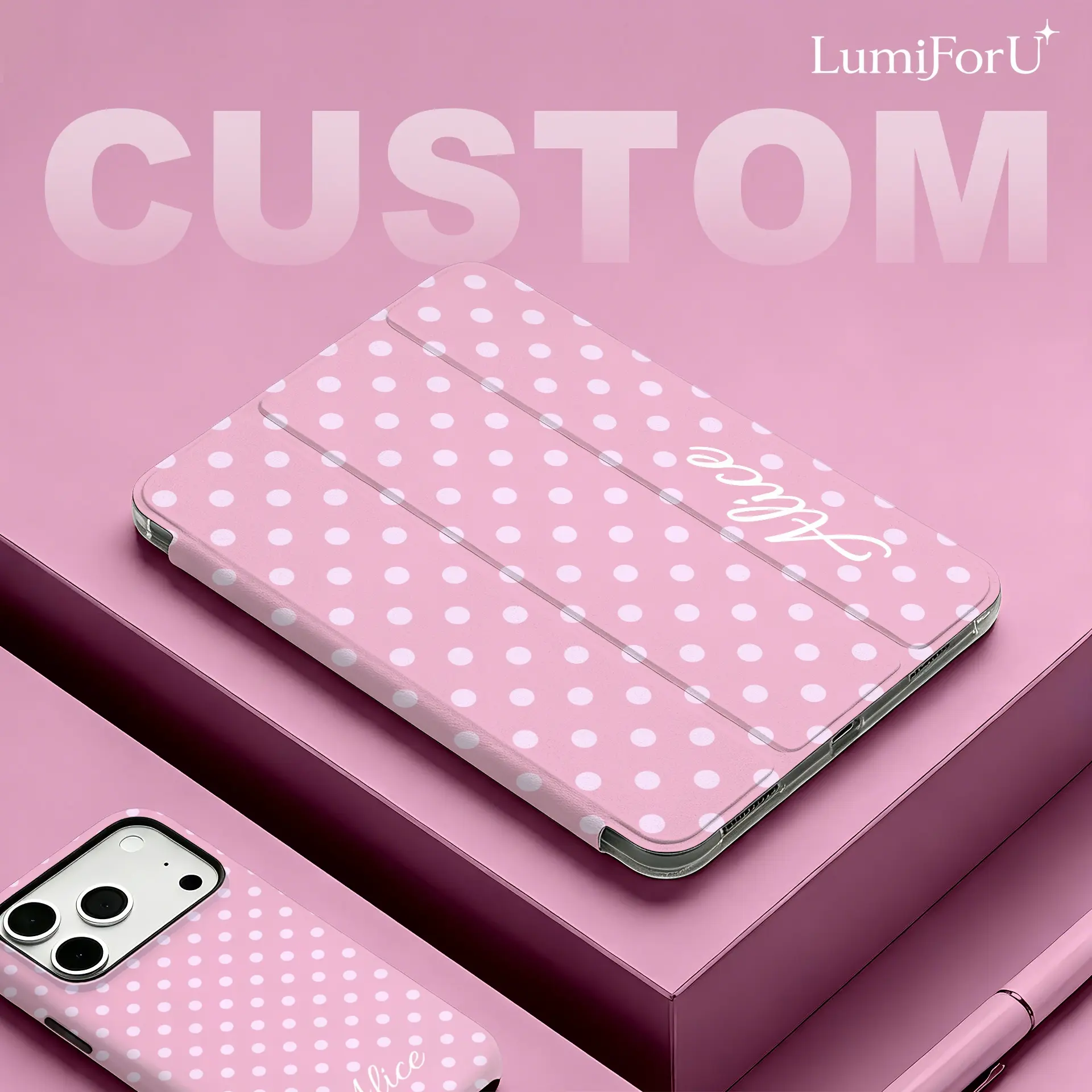 LumiForU Personalized DIY Name Durable PU Cover - Pink Polka Dot Flip Case with TPU Soft Shell, 3-Fold Stand, Pencil Holder, Shockproof, Auto Wake/Sleep for iPad & Galaxy Tab Models (Tablet Accessories, PU Leather)
