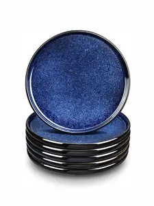 vicrays Ceramic Salad Plates Set - Porcelain 8 Inch Flat Dessert Appetizer Plate for Home Party Lunch Restaurant - Scratch Resistant Microwave Dishwasher and Oven Safe - Set of 6 (Blue)