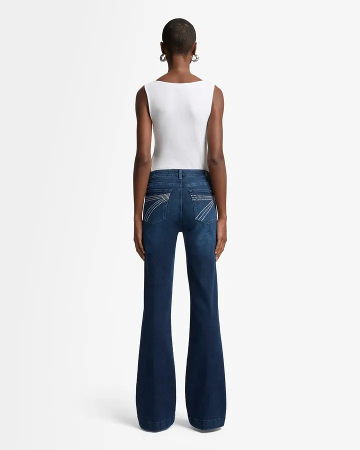7 For All Mankind Women's Baltimora Slim Illusion Fitted Trouser Jeans in Dark Wash Stretch Fabric with Studded Pocket, Button, Leg, Cotton, Bottoms, Elastane, 7 Back Pocket, Slim-Fit, Whiskered Fade, Zip + Button, Trousers, Casual, Trousers Jeans