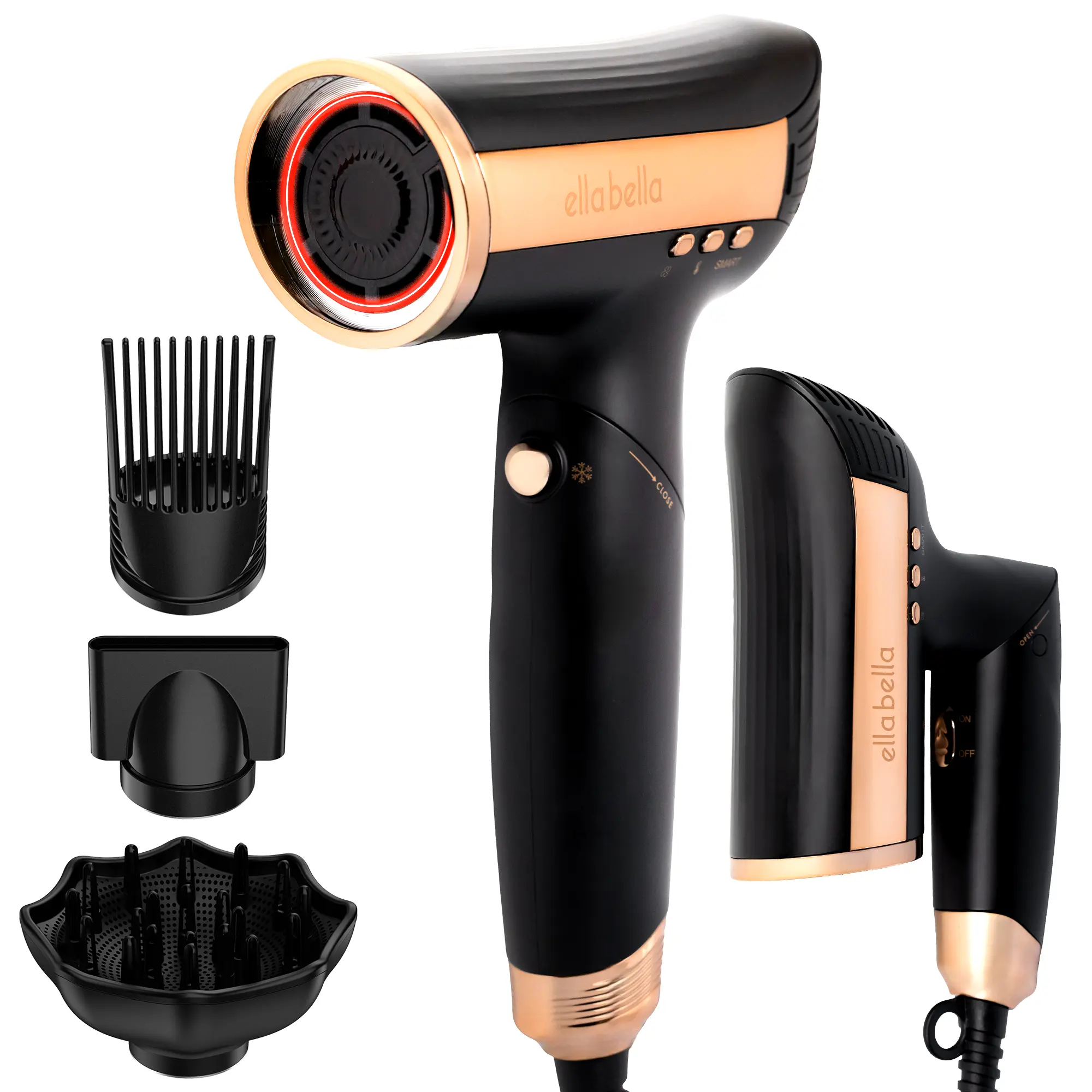ELLA BELLA Infrared Foldable Hair Dryer – Pro Brushless Motor for Fast Drying & Scalp Health, Dual Voltage Travel Blow Dryer with SMART Heat Sensor