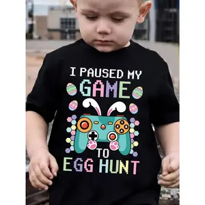 Boys' Easter Egg Hunt Game Controller Graphic Tee - Black Short Sleeve Crewneck T-Shirt with "I Paused My Game to Egg Hunt" Design, Colorful Easter-Themed Print, Soft Polyester Blend, Casual Summer Top for Youngsters