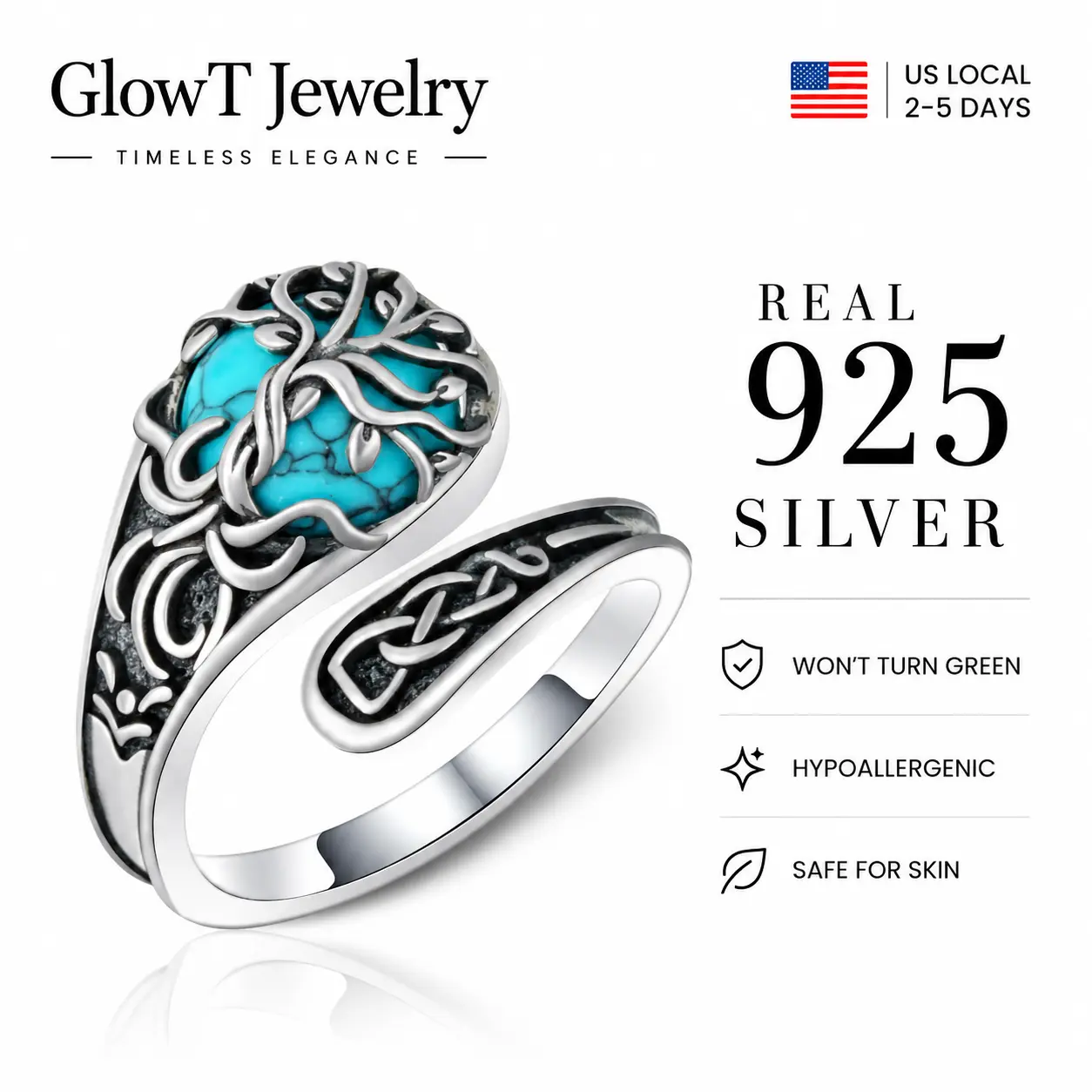 S925 Sterling Silver Turquoise Tree of Life Ring - Trendy Oxidized Celtic Adjustable Spoon Band with Natural Turquoise, Hypoallergenic Spiritual Jewelry Gift for Her, TikTok Viral Witchy Nature Ring for Sensitive Skin