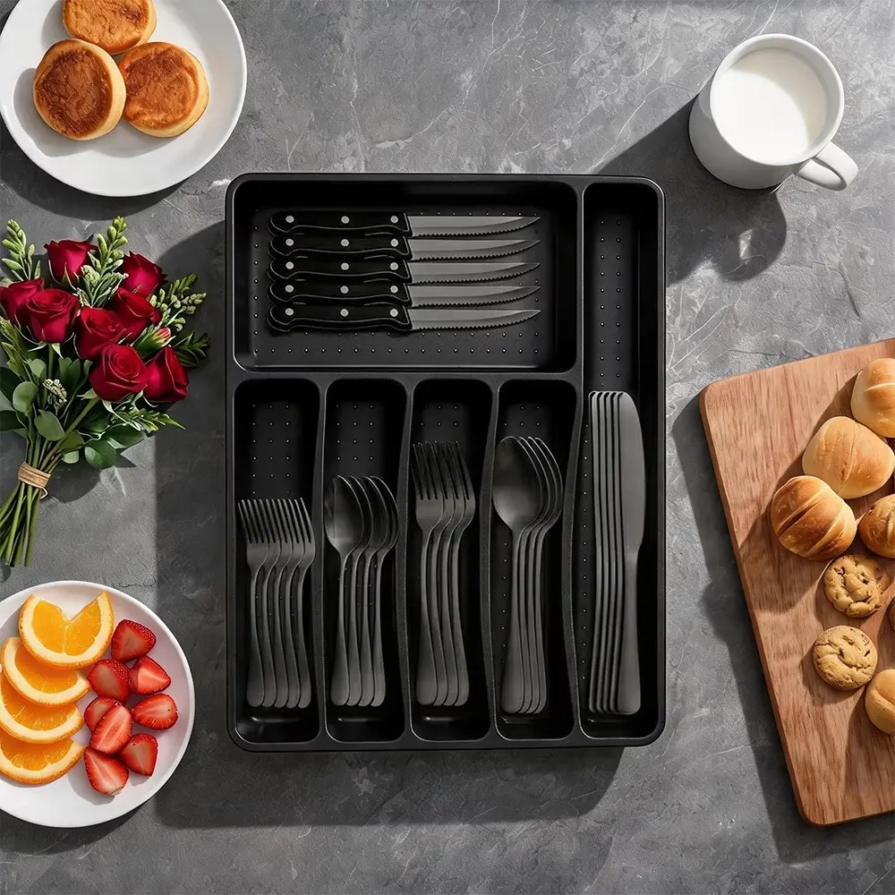 49-Piece Black Silverware Flatware Cutlery Set for 8 with Drawer Organizer Tray, Stainless Steel Mirror Polished Eating Utensils with Steak Knives
