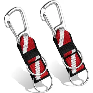 2Pack 316 Stainless Steel Scuba Split Ring Connector with Clips, Carabineer Keeper & Dual Split-Rings with Dive Flag Webbing Strap for Diving Flashlight Whistle Gauge Camera BCD Attachment