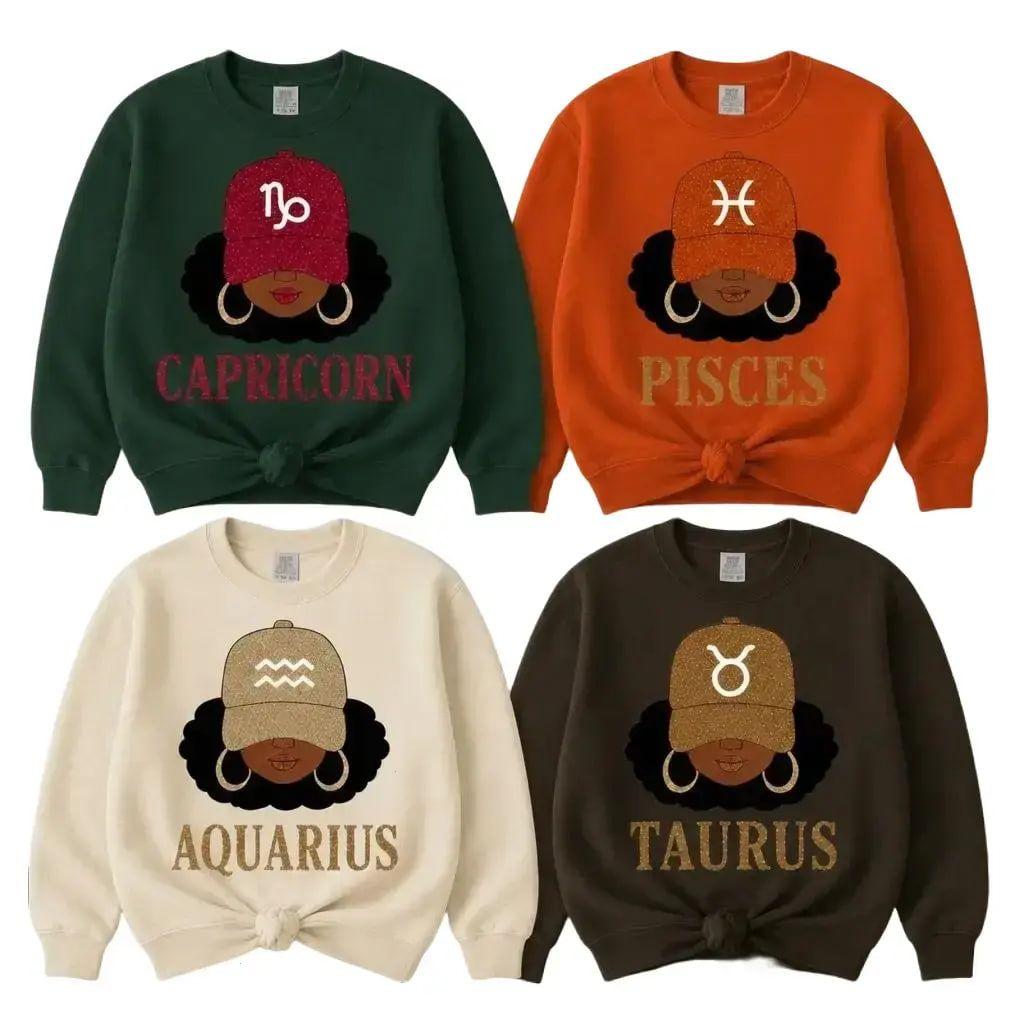 12 Zodiac Black Girl Sweatshirt, Afro Zodiac Sign Crewneck, Melanin Queen Astrology Sweatshirt, Taurus Capricorn Aquarius Pisces Graphic Pullover, Birthday Gift for Women- Lily Comfort Studio