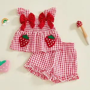 Imcute Toddler Baby Girl Summer Outfit Strawberry Embroidered Plaid Bows Ruffled Trim Tank Tops and Shorts 2Pcs Clothing Set