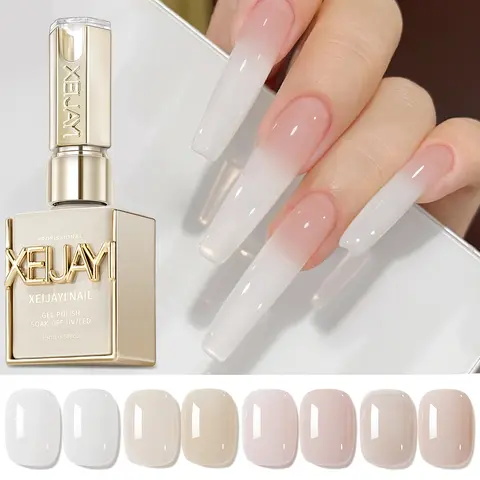 XEIJAYI 4-Pack 15ML TPO-HEMA Free Ice Transparent Nude Liquid Uv Nail Gel Set, High Shine Sheer Pink Bottle Polish, Soak-Off Manicure Gel for Almond Nail Art, Home & Salon Use, Top Gloss Finish