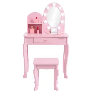 Kids Vanity with Lights, Princess Vanity Set with Drawer and Storage Shelves, Toddler Makeup Vanity with Lighted Mirror, Girls Vanity Set with Stool for Little Girls
