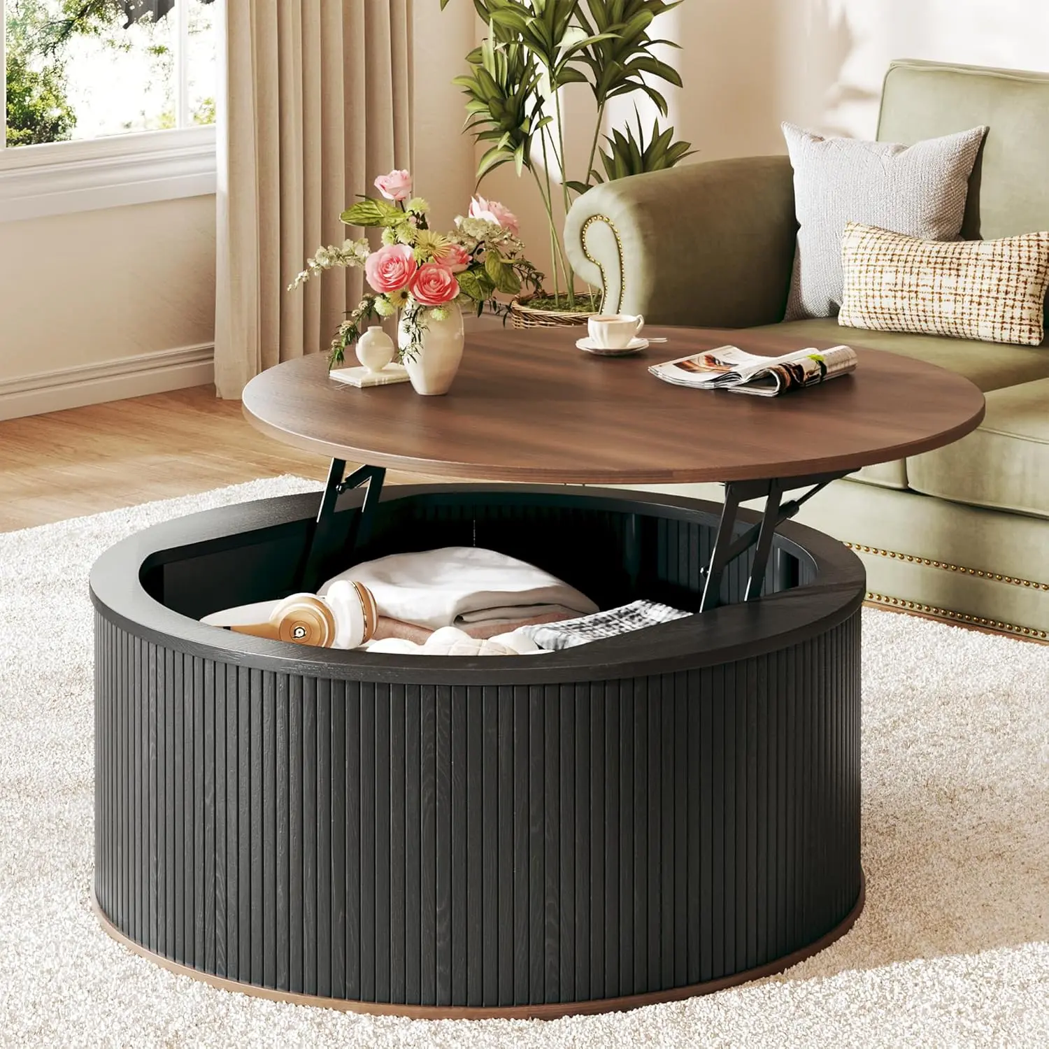 Round Coffee Table with Storage, 31.5" Lift Top Coffee Table, Mid Century Modern Coffee Tables for Living Room, Apartment Office, Fluted Table with Rustic Wood Desktop