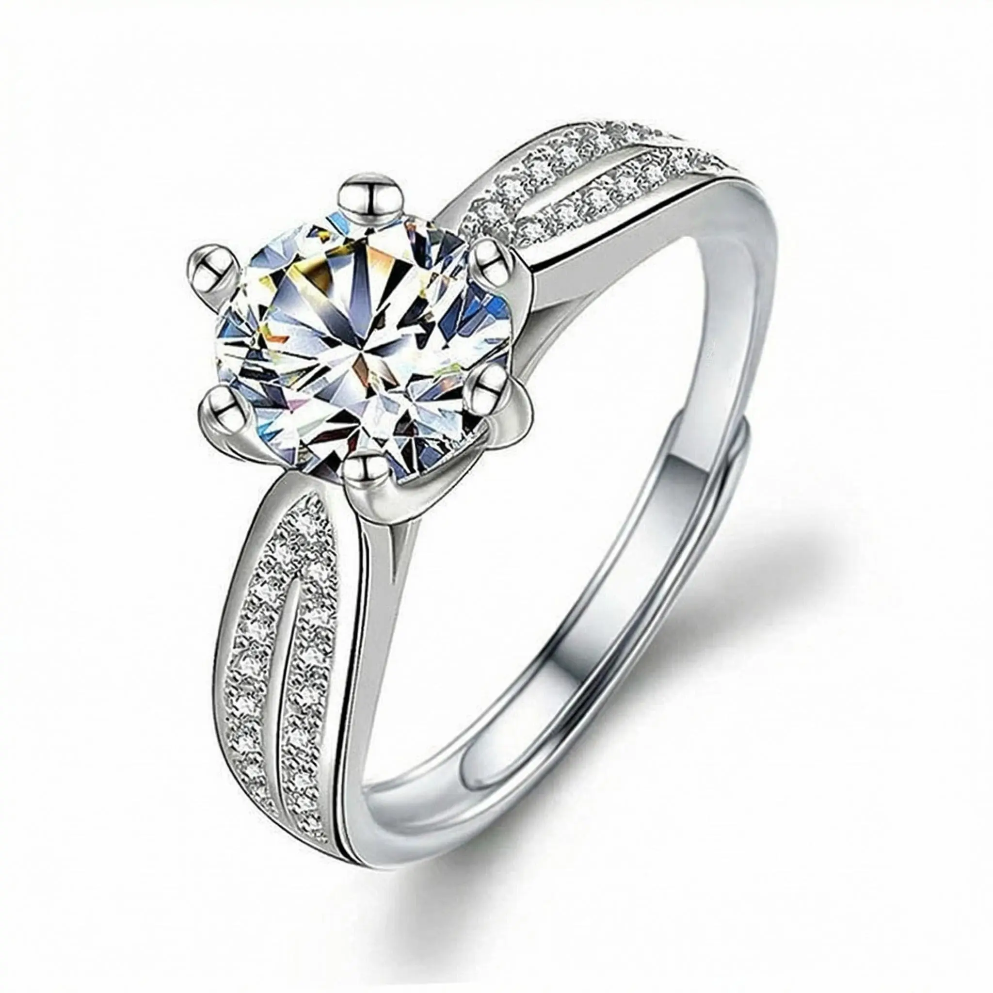 1 Carat & 5 Carat Simulated Diamond Engagement Ring, Platinum Plated Cubic Zirconia Bridal Ring, 6 Prong Paved Accent Wedding Band, Adjustable Promise Jewelry Gift for Anniversary