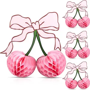 4 Piece Cherry Honeycomb Hanging Decorations, Hanging Ball Design, Realistic Fruit Honeycomb Ornaments, Cherry Theme Party Props, Party Decoration Supplies, Model Xinghao