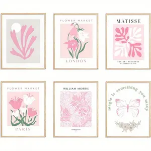6-piece set of pink Danish pastel floral and butterfly wall art prints, frameless aesthetic dormitory decoration - fashionable frameless posters, 8x12 inches, perfectly suitable for room decoration