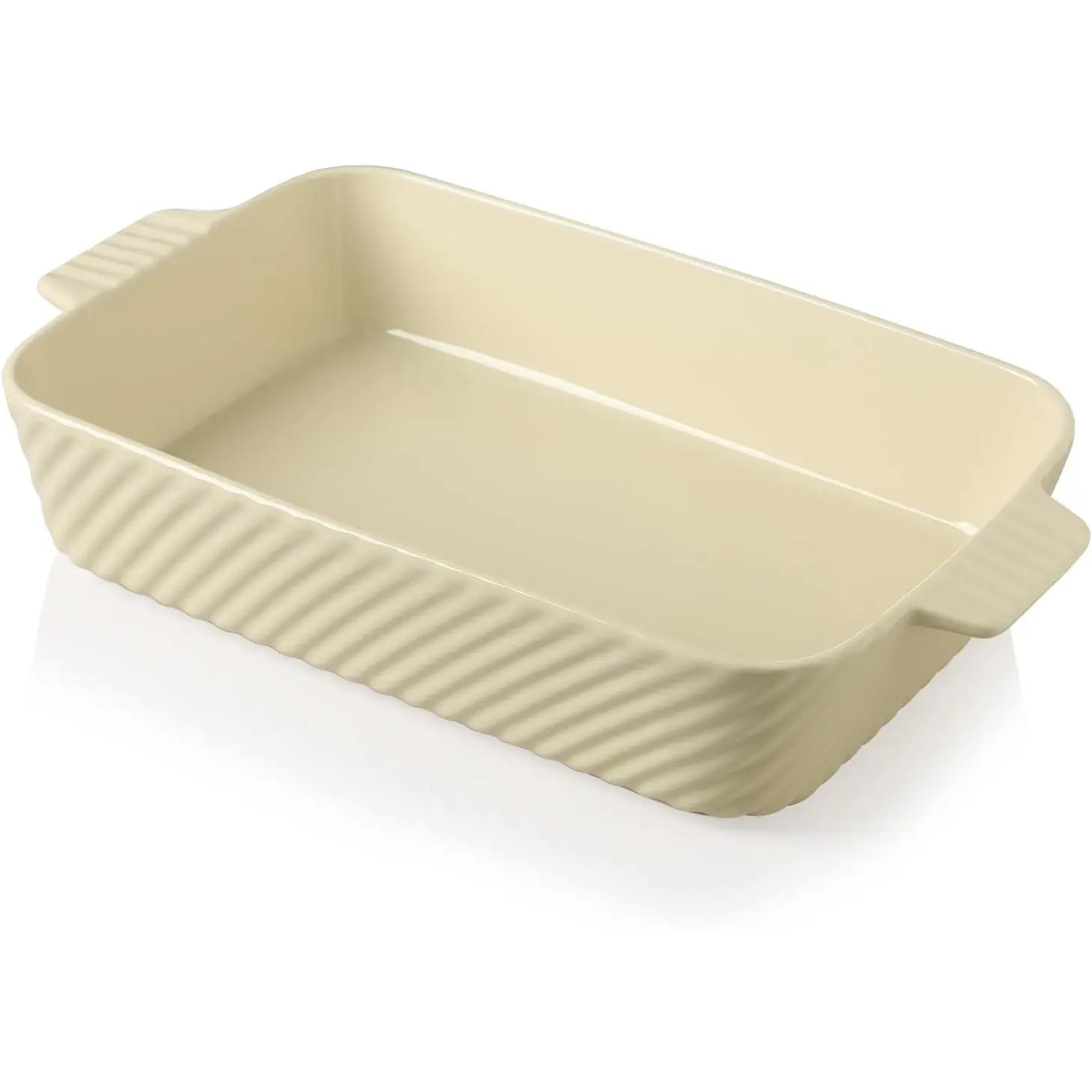 13x9in Beige Glossy Ribbed Rustic Stoneware Baking Pan - Oil-Resistant Oven-Safe Kitchen Bakeware, Porcelain Casserole Dish with Handle for Lasagna, Family Meals, Holiday