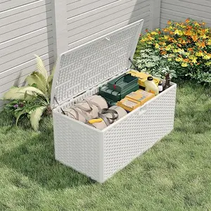 99 Gallon Wicker Resin Deck Box, Waterproof Outdoor Storage Bench with Hydraulic Lid & Lockable Design, Large Patio Storage Chest for Cushions, Garden Tools & Pool Accessories