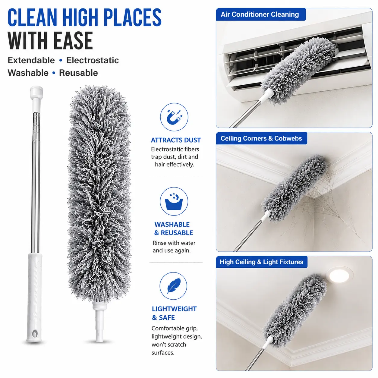 Telescopic Electrostatic Duster - Lightweight Adjustable Household Cleaning Tool for Ceiling Fan Area, Windows, Glass, Corners, High Spots & Gaps, Reusable Static Dust Attractor