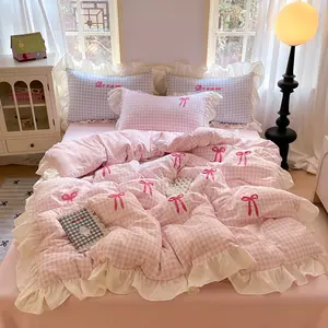 3Pcs Korean lace bow embroidery sweet girlish style bedroom bedding (including 1Pc  duvet cover and 2Pcs pillowcases), pink grid duvet cover, Bed Sets Supplies, Soft Bedding Sets, skin friendly, comfortable and breathable fabric for all seasons