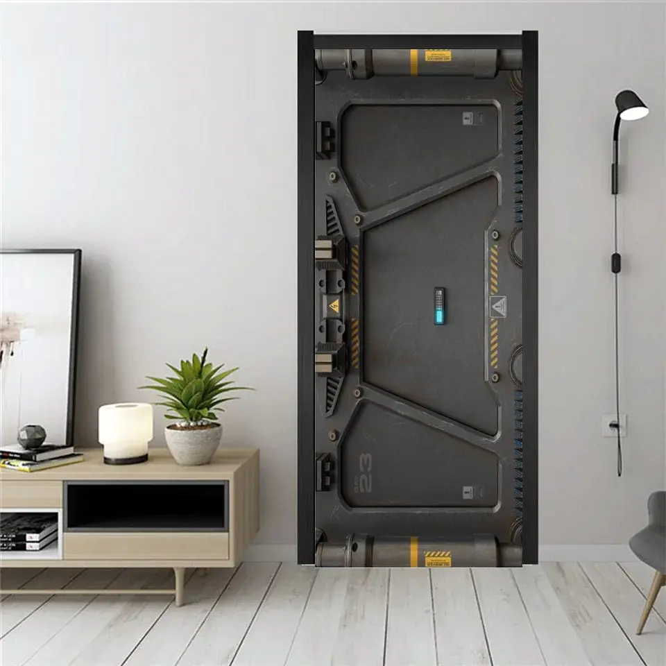 Vintage Vinyl Door Stickers, Iron Gate Wallpaper, Modern Art Room Decoration, Self-Adhesive 2D Visual Armor Design