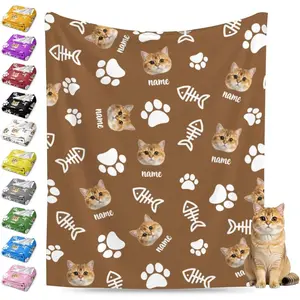 Personalized Cat Face Blanket Throws with Photos, Custom Pet Face Blanket, Cat Gifts for Pet Lovers, Customized Puppy Blanket for Adult Kid Birthday Christmas Fathers Mothers Valentines Gift