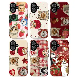 Strawberry Cat Phone Case, Cute Aesthetic Cartoon Cat Design for iphone 17 promax case air 16 plus 15 promax 14 pro 13max 12 11 Samsung S25 EDGE S24 S23 Ultra Fe Protection Smartphone, christmas gift, cute protective cover