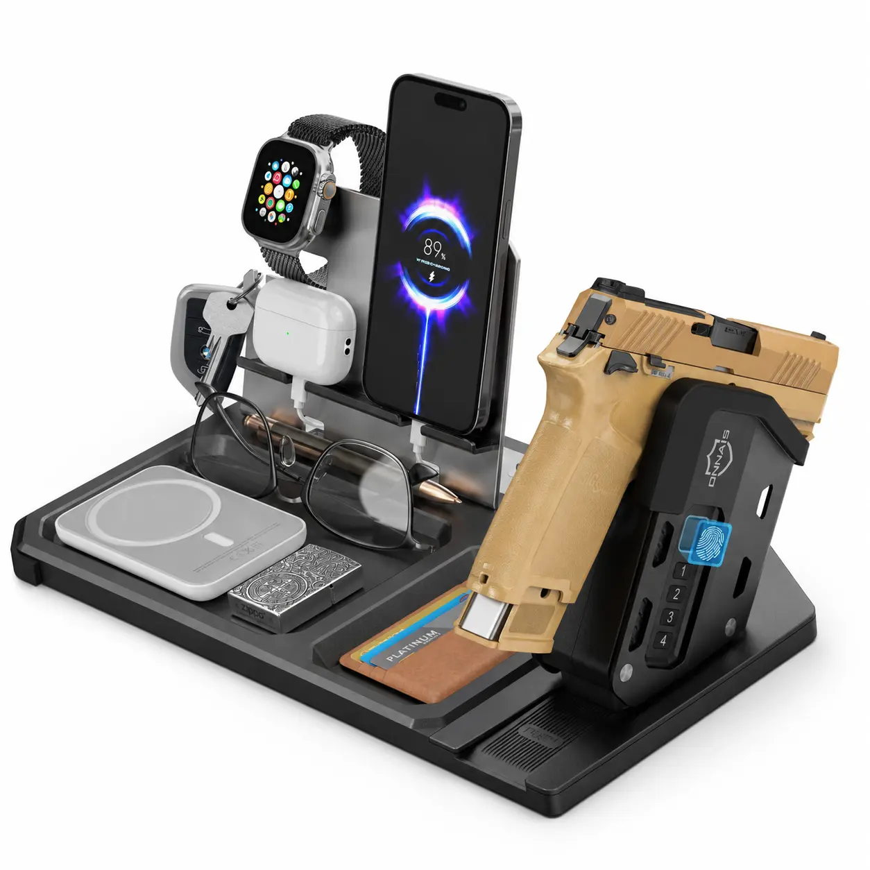 ONNAIS Biometric EDC Desk & Tabletop Organizer, Compact Bedroom Nightstand Valet Tray with Detachable Pistol Trigger Lock, Biometric Quick Access Lock (Fingerprint/PIN/Key), Phone & Watch Holder, Gift for Men