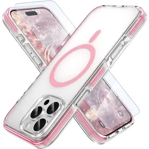 Compatible with iPhone 16 Pro Max Case - with Screen Protector - Compatible with MagSafe - Magnetic Clear Trasparent Design - Non Yellowing Anti Slip - All PC Protective Phone Cover - Pink