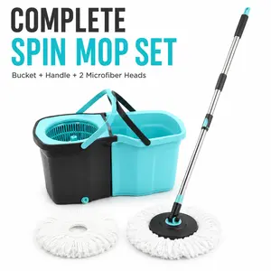 Spin Mop with Bucket Set, Stainless Steel Handle, 2 Microfiber Mop Heads, Detachable Cleaning System, Floor Cleaning Mop for Hardwood Tile, Easy Wringing Floor Mop.