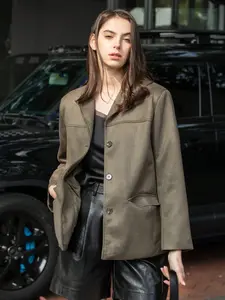 Women's 2026 Fall Winter Fashion Retro Suede Button Blazer, Plain Lapel Long Sleeve Pocketed Loose Cropped Jacket, Elegant Commuter Style, Casual Daily Wear