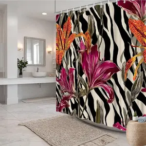 Floral Zebra Print Shower Curtain Elegant Lily Flowers And Striped Background Bathroom Decor Polyester Fabric Bath Curtain For Tub Separation  With 12pcs Hook