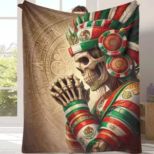 Mexican Aztec Warrior Flannel Blanket Vintage Tribal Symbol Print Soft Warm Breathable Lightweight Cozy for Sofa Home Decor Travel Festival Gift