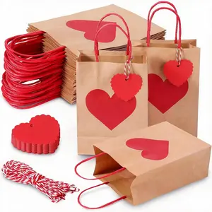 10/20 Sets Valentine's Day Heart Leather Paper Gift Bags, Printed Handle Bags with Rope and Label, Wedding Party Decorations and Shopping Packaging, Gift Wrapping Supplies