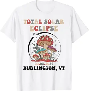 Burlington VT Total Solar Eclipse 2024 Mushroom Groovy Retro T-Shirt - Allanmarad Shop 86B0CXNCYSRY