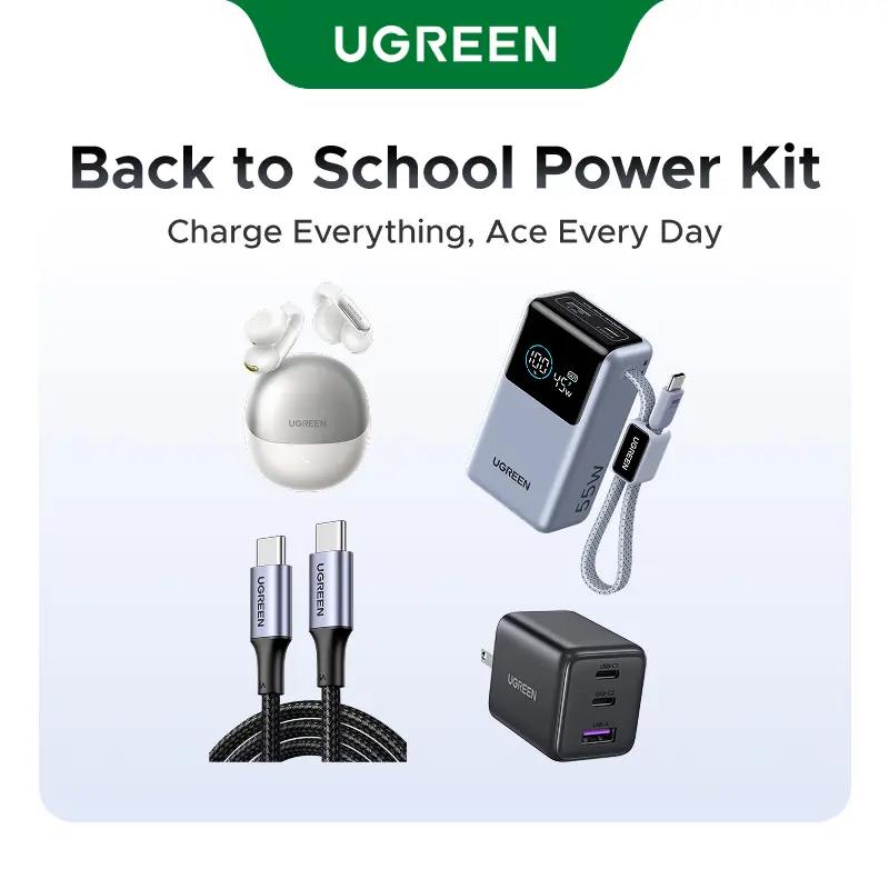 UGREEN Back to School Power Kit Travel Essentials Bundle,10,000mAh 45W Mobile Power Bank,S5 Open-Ear Audio Bluetooth Headset,30W 2C1A Charger,100W USB C to USB C cable(3.3FT)