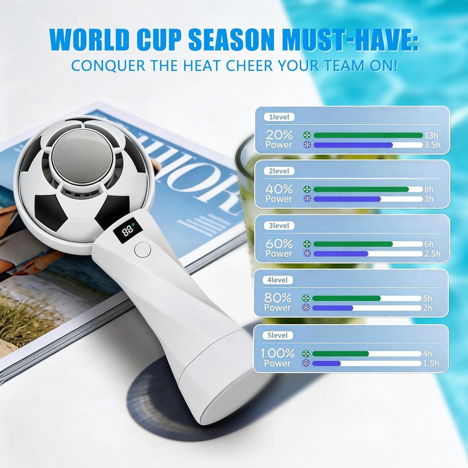 Portable Soccer Fan 5000mAh Handheld Fan with LED Power Display | 6 Speeds & 180° Foldable Personal Fan | Perfect Football Gift & Summer Must-Have!