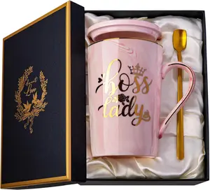 Boss Lady Gifts for Women Unique Birthday Gift for Women Friend Coworkers Colleagues Boss Female Appreciation Mother Day Gifts 14Oz Marble Ceramic Coffee Mug Pink