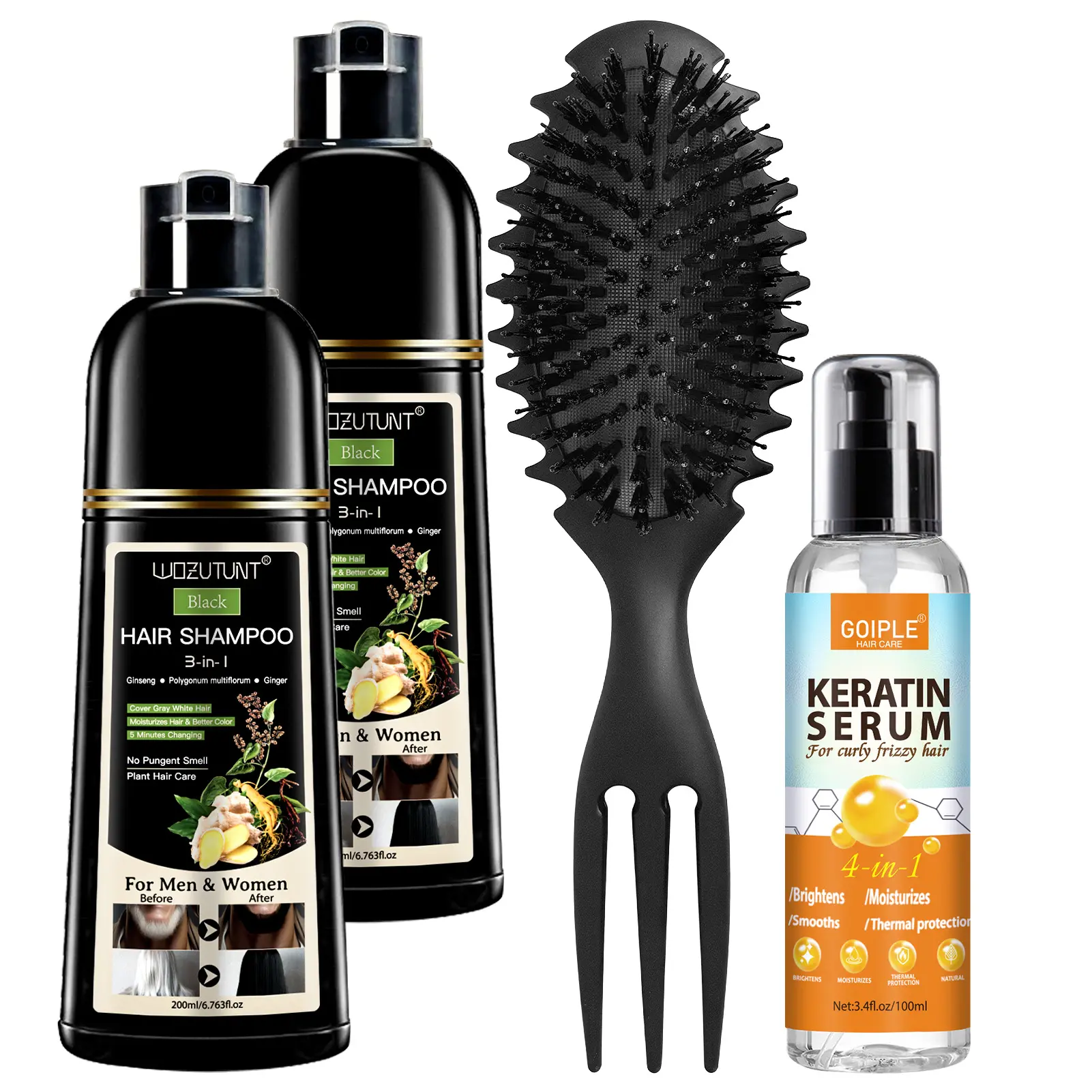 Black Hair Dye Shampoo Set - 3-in-1 Instant Hair Color Shampoo For Gray Hair Coverage, With Keratin Serum & Styling Comb,For Men & Women