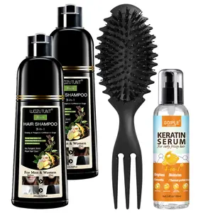 Black Hair Dye Shampoo Set - 3-in-1 Instant Hair Color Shampoo For Gray Hair Coverage, With Keratin Serum & Styling Comb,For Men & Women