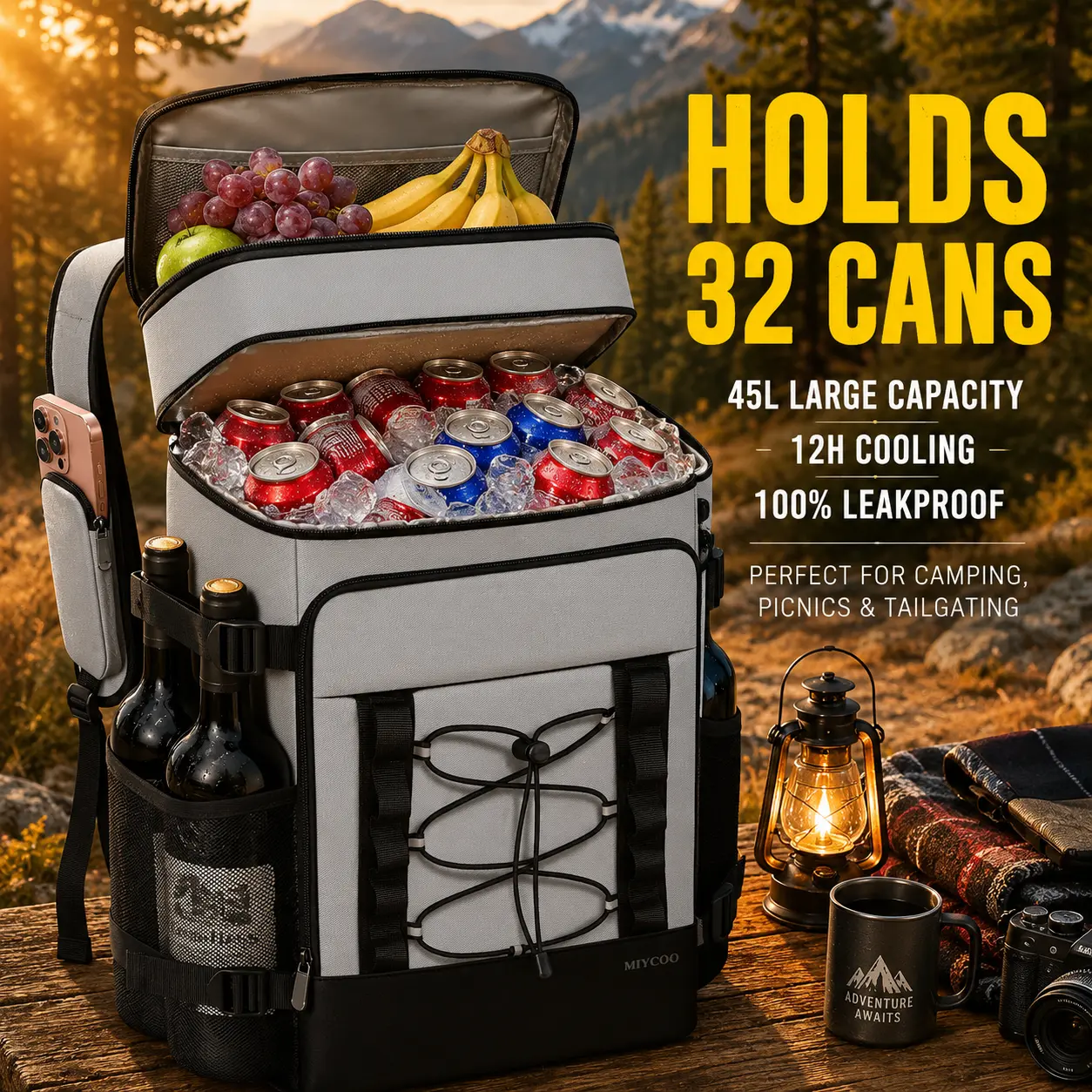 SANNYDATING 45L Insulated Cooler Backpack, Dual Compartments 100% Leakproof Backpack Cooler, 12H Cooling 6H+ Heat Retention, Waterproof Cooler Bag with Bottle Opener Wine Holders for Camping Hiking Beach Picnic Outdoor Men Women