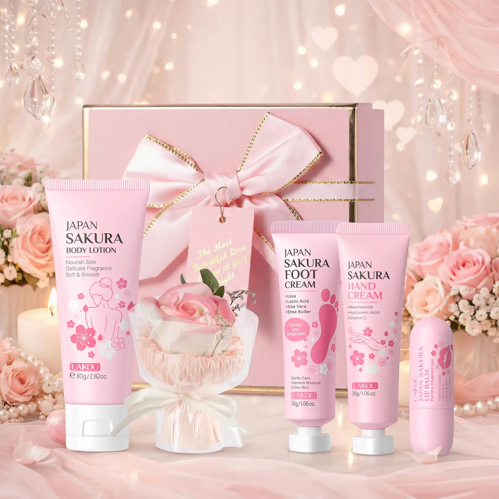 LAIKOU Sweet Floral Sakura Gift Boxed Body Care Set - Creams & Balms (Lip Balm, Hand Cream, Foot Lotion, Body Lotion) with Moisture Boost, Ideal for Birthdays, Mothers