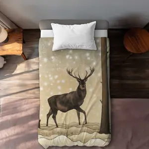 212 MAIN Rustic Twin Size Extra Long Microfiber Cloth Duvet Cover - Soft Fabric, Winter Scene Roe Deer Wildlife Art Print, Rustic Look Home Decor Bedding Linen