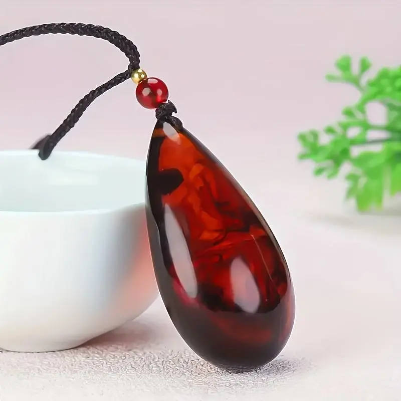 Natural Baltic Amber Teardrop Pendant Necklace - Golden-Tone Chain, Black Cord, Red Bead Accent, Bohemian Vintage Unisex Costume Jewelry for Adults' Casual Wear, Nurse's Day Gifts, Teardrop Shape, Daily